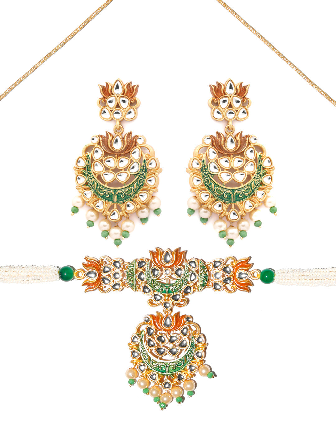 Priyaasi Women Kundan Green & Gold Lotus Meenakari Jewellery Set - Grab2buy