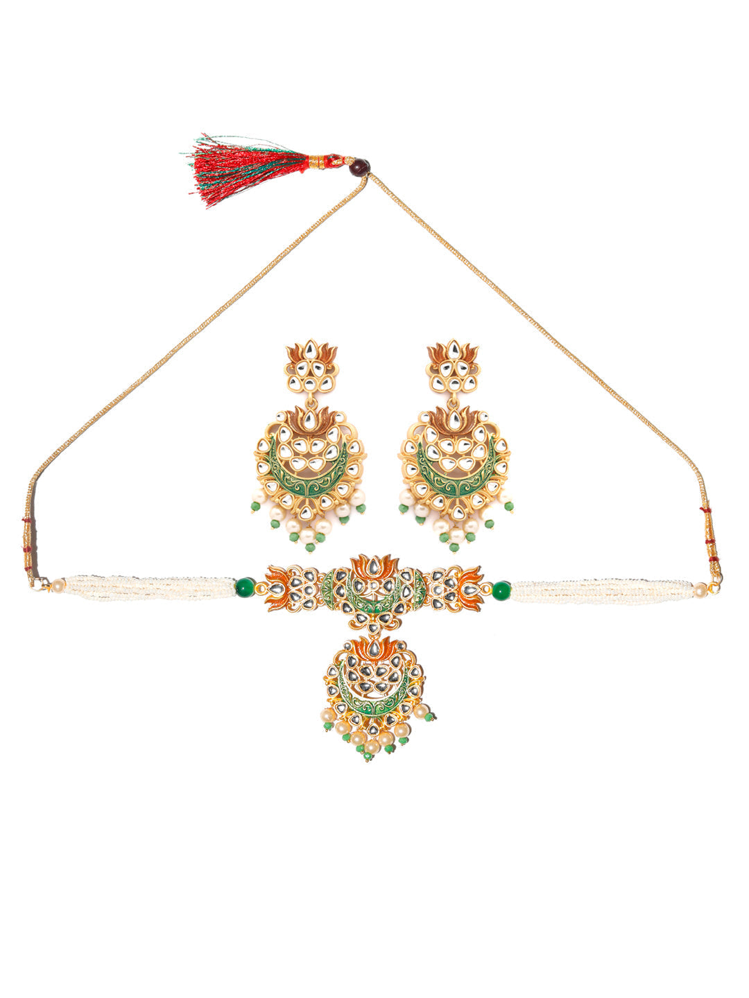 Priyaasi Women Kundan Green & Gold Lotus Meenakari Jewellery Set - Grab2buy