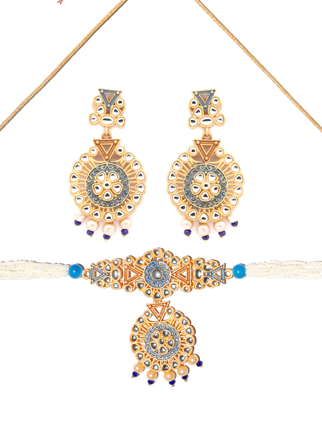 Priyaasi Women Ethnic Gold & Blue Kundan Studded Meenakari Jewellery Set - Grab2buy