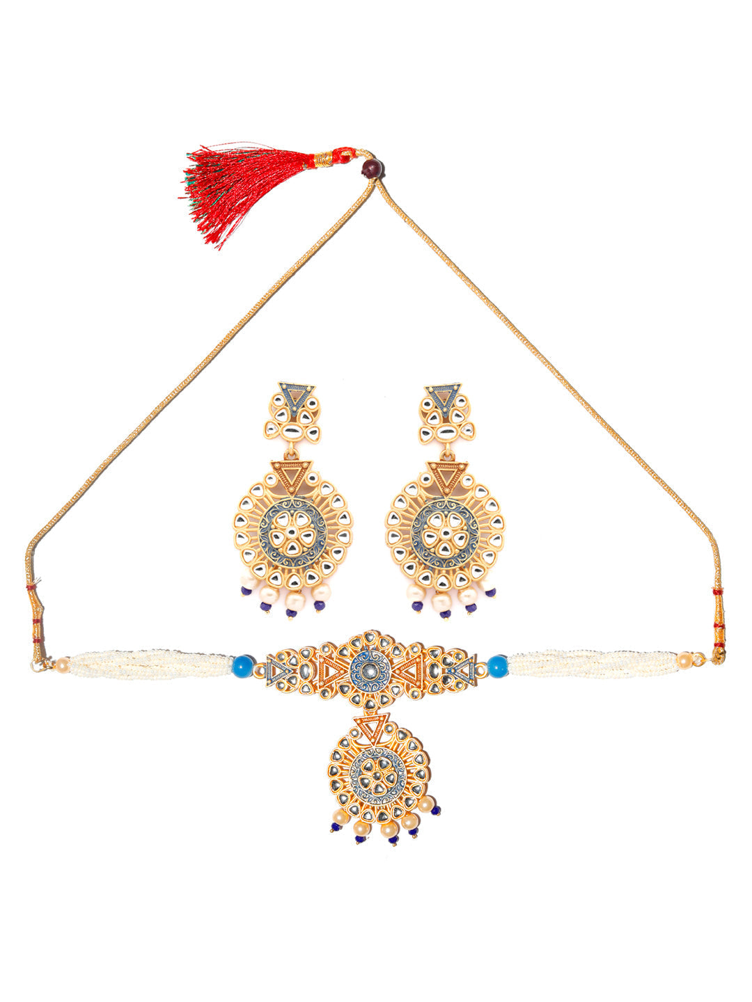 Priyaasi Women Ethnic Gold & Blue Kundan Studded Meenakari Jewellery Set - Grab2buy