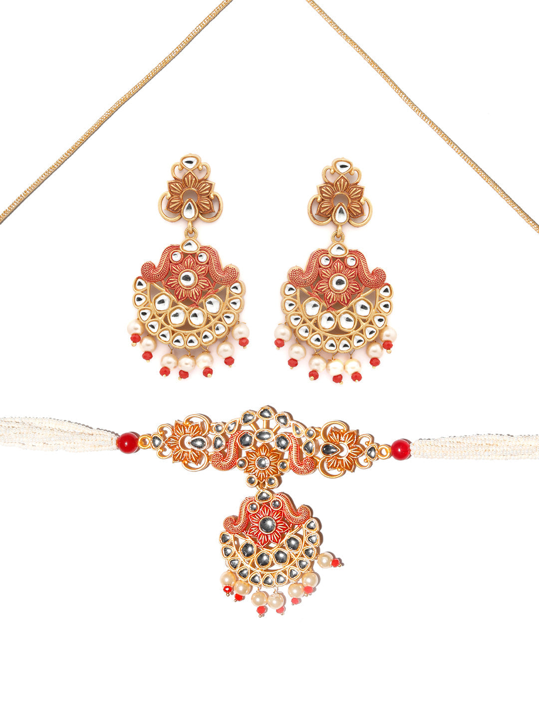 Priyaasi Women Ethnic Gold & Red Floral Meenakari Jewellery Set - Grab2buy