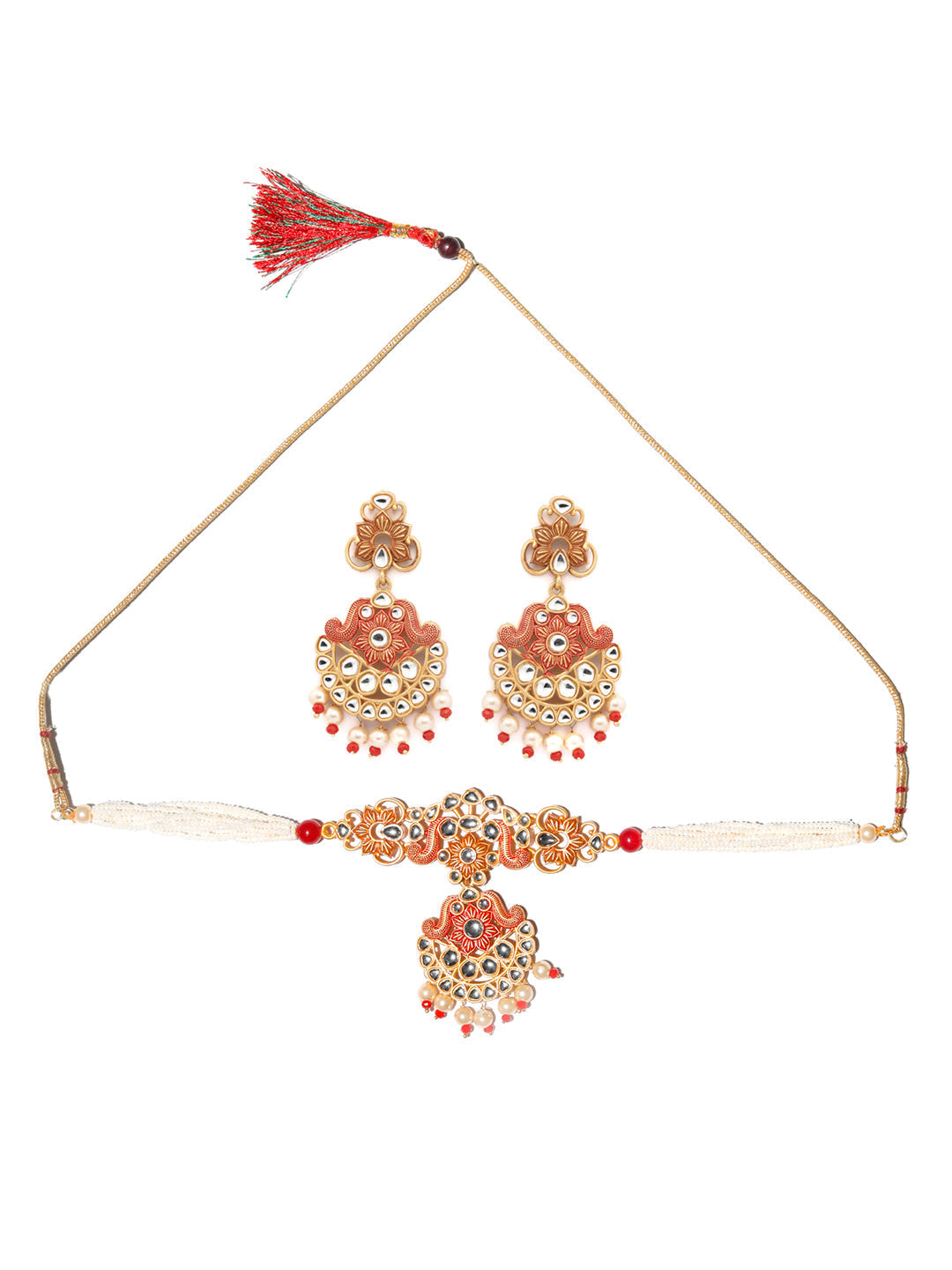 Priyaasi Women Ethnic Gold & Red Floral Meenakari Jewellery Set - Grab2buy