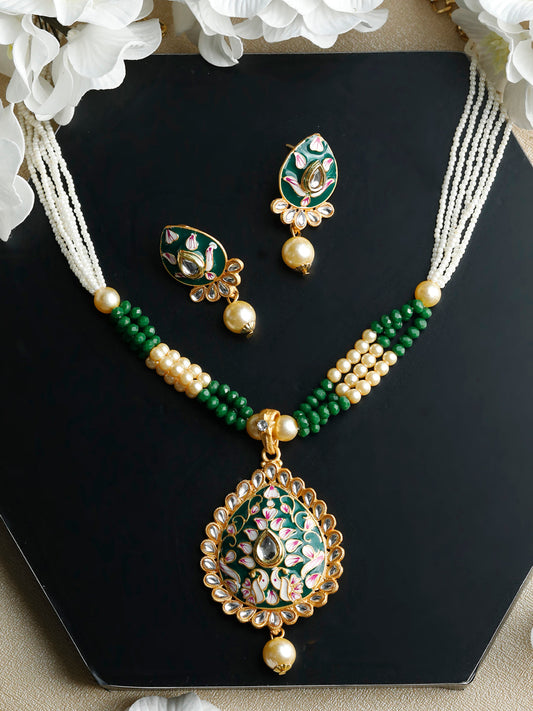Priyaasi Women Gold & Green Kundan Studded Meenakari Jewellery Set - Grab2buy