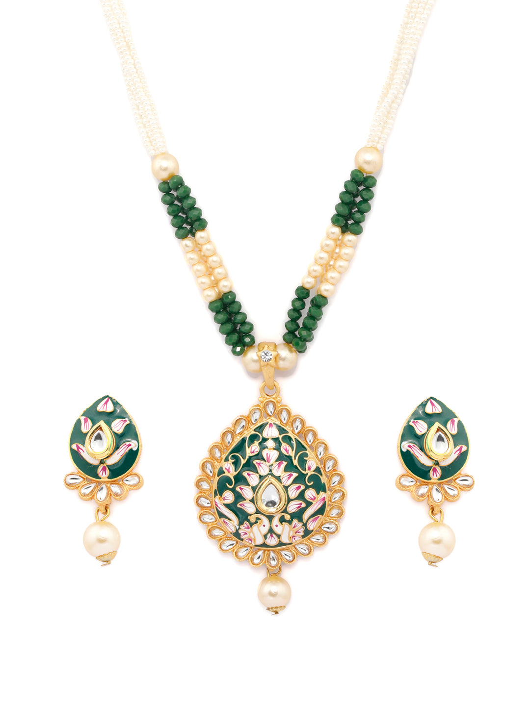 Priyaasi Women Gold & Green Kundan Studded Meenakari Jewellery Set - Grab2buy