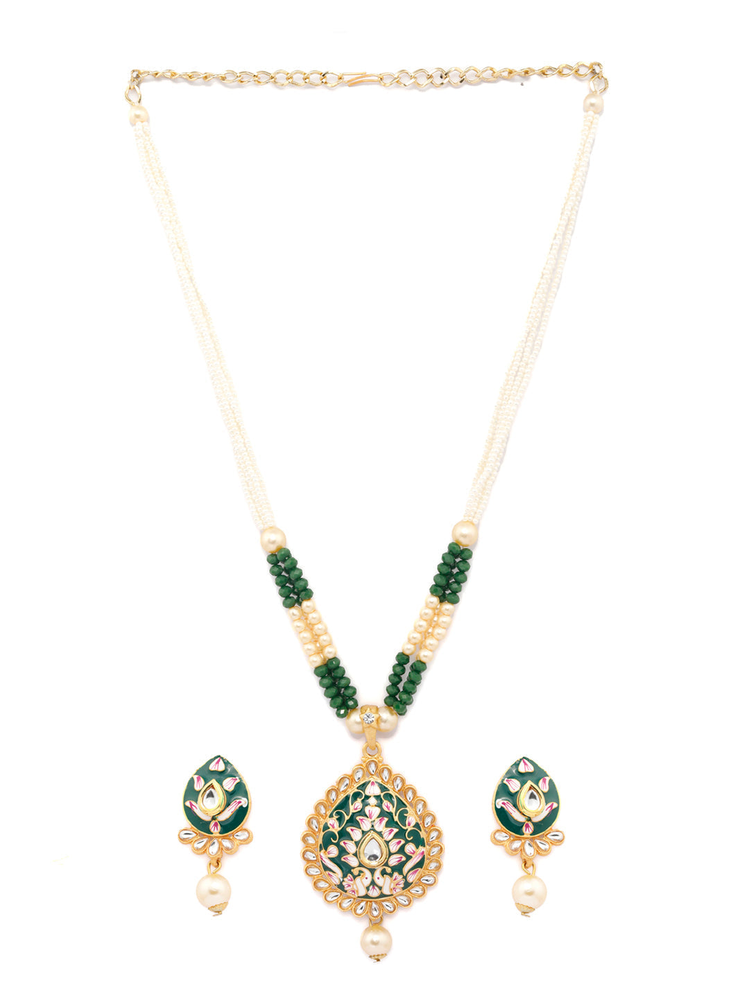 Priyaasi Women Gold & Green Kundan Studded Meenakari Jewellery Set - Grab2buy