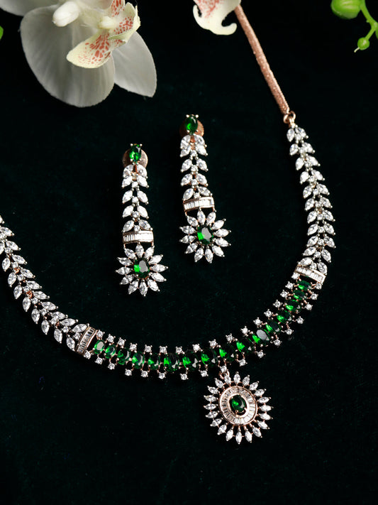 Priyaasi Women Green American Diamond Rose Gold Jewellery Set - Grab2buy