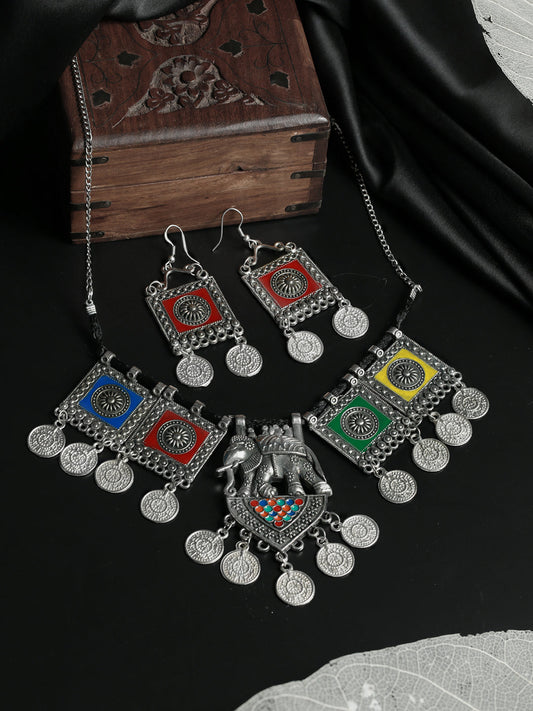 Priyaasi Women Oxidised Silver Multicolor Floral Elephant Pattern Jewellery Set - Grab2buy