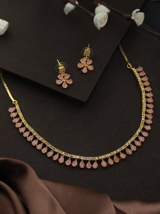Priyaasi Women Pink Floral Leaf Gold Plated AD Studded Jewellery Set - Grab2buy