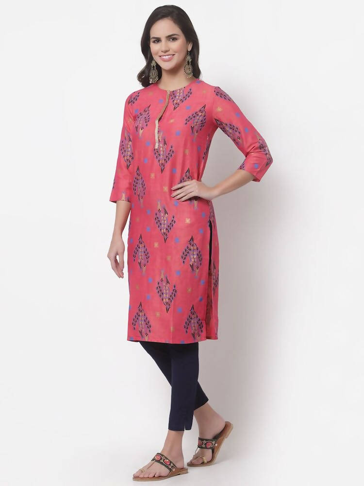 Myshka Women's Pink Printed 3/4 Sleeve Rayon Round Neck Casual Kurta