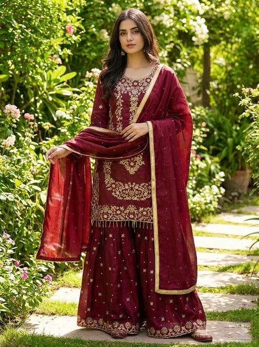 Prazu Fashion Maroon Silk Embroidered With Sequence Sharara Suit
