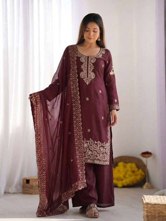 Teeya Creation Womens New Trendy Stylish Embroidery Beads Work Palazzo Kurta Set -Maroon