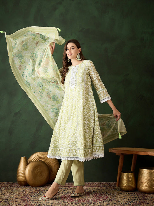 Green Crystal Organza schiffli embroidery Kurta With Trouser & Dupatta - Bhumi
