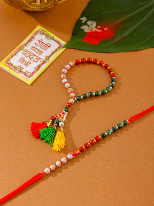 NVR Multicolor Artificial Beads Set of 2 Bhaiya Bhabhi Rakhi with Roli Chawal Chandan & Mishri | Grab2Buy