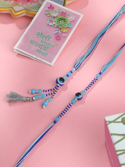 NVR Set of 2 Blue Evil Eye Artificial Beads Bhaiya Bhabhi Rakhi with Roli Chawal Chandan & Mishri | Grab2Buy