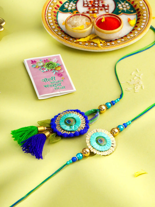NVR Set of 2 Multicolor Artificial Beads Bhaiya Bhabhi Rakhi with Roli Chawal Chandan & Mishri | Grab2Buy