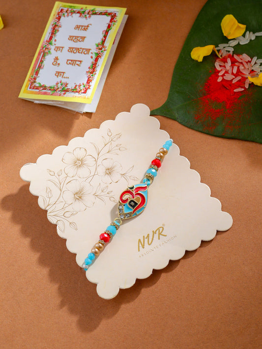 NVR Men Red & Blue Artificial Stones and Beads Om Thread Rakhi with Roli Chawal Chandan & Mishri | Grab2Buy