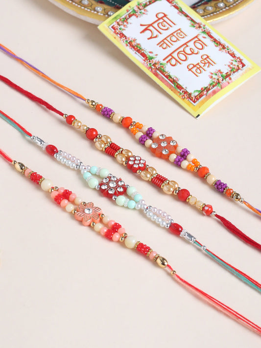 NVR Men Set of 4 Floral Design Multicolor Artificial Stones and Beads Thread Rakhi with Roli Chawal Chandan & Mishri | Grab2Buy