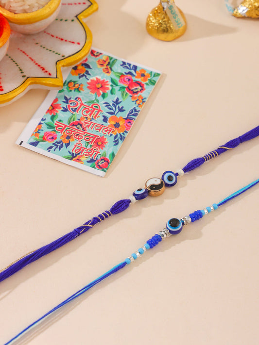 NVR Men Set of 2 Blue Evil Eye Artificial Beads Thread Rakhi with Roli Chawal Chandan & Mishri | Grab2Buy