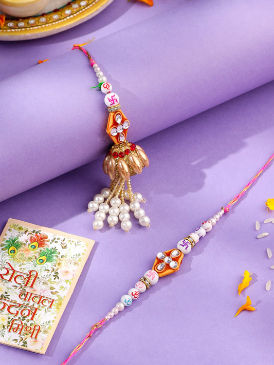 NVR Set of 2 Multicolor Artificial Stones & Pearls Bhaiya Bhabhi Rakhi with Roli Chawal Chandan & Mishri | Grab2Buy