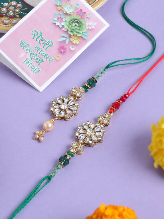 NVR Set of 2 Gold Toned Kundan Studded Floral Design Bhaiya Bhabhi Rakhi with Roli Chawal Chandan & Mishri | Grab2Buy