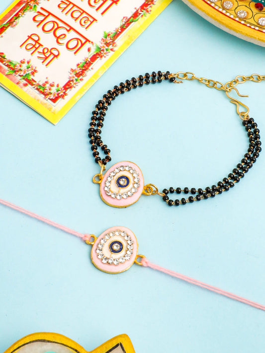 NVR Set of 2 Pink Round Shape Artificial Stones Bhaiya Bhabhi Rakhi with Roli Chawal Chandan & Mishri | Grab2Buy