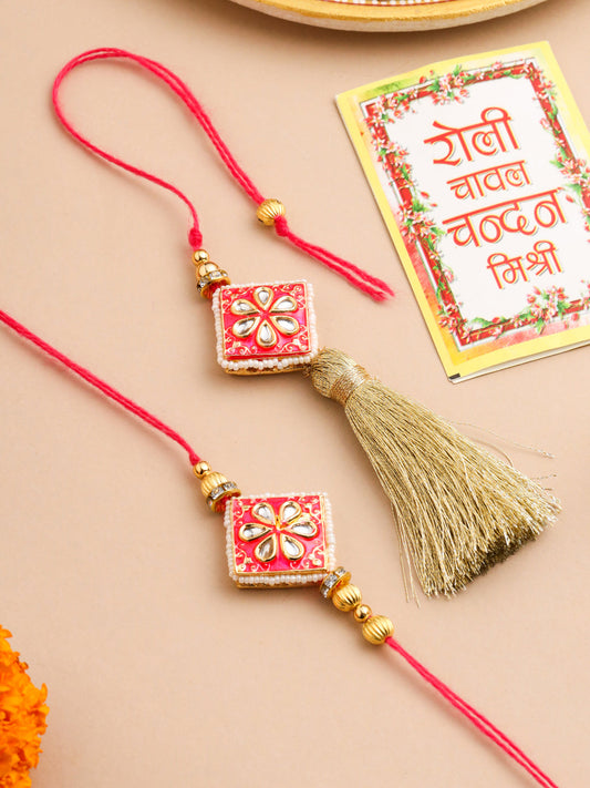 NVR Set of 2 Handmade Pink Kundan Studded Bhaiya Bhabhi Rakhi Set with Roli Chawal Chandan & Mishri | Grab2Buy