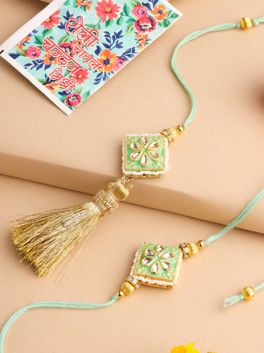 NVR Set of 2 Handmade Sea Green Kundan Studded Bhaiya Bhabhi Rakhi Set with Roli Chawal Chandan & Mishri | Grab2Buy
