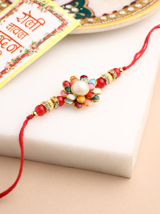 NVR Men Multicolor Beads & Pearls Floral Design Thread Rakhi Roli Chawal Chandan & Mishri | Grab2Buy