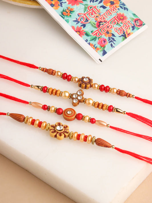 NVR Men Set of 4 Red Artificial Stones & Beads Floral Shape Thread Rakhi with Roli Chawal Chandan & Mishri | Grab2Buy