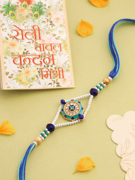 NVR Men Blue Artificial Stones & Beads Floral Design Thread Rakhi with Roli Chawal Chandan & Mishri | Grab2Buy