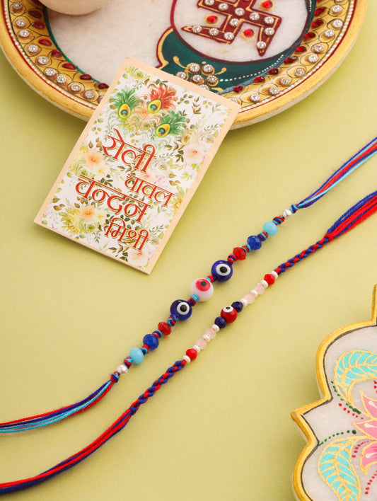 NVR Men Multicolor Evil Eye Artificial Beads Thread Rakhi with Roli Chawal Chandan & Mishri | Grab2Buy