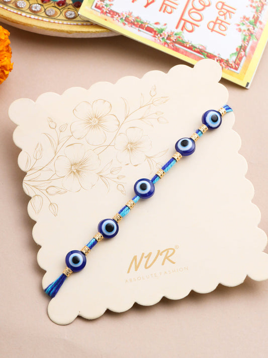NVR Men's Blue Evil Eye Thread Rakhi with Roli Chawal Chandan & Mishri | Grab2Buy