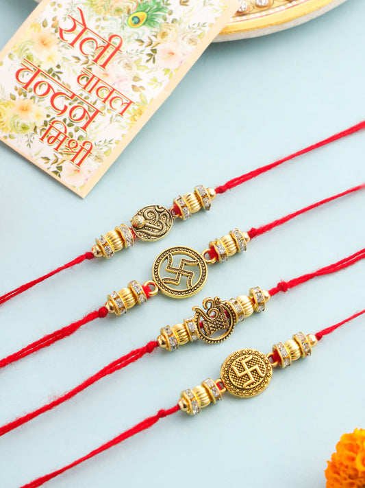 NVR Men Set of 4 Gold Toned Artificial Stones Swastik Design Thread Rakhi with Roli Chawal Chandan & Mishri | Grab2Buy