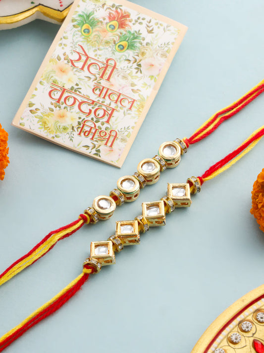 NVR Men Set of 2 Multicolor Kundan Studded Thread Rakhi with Roli Chawal Chandan & Mishri | Grab2Buy