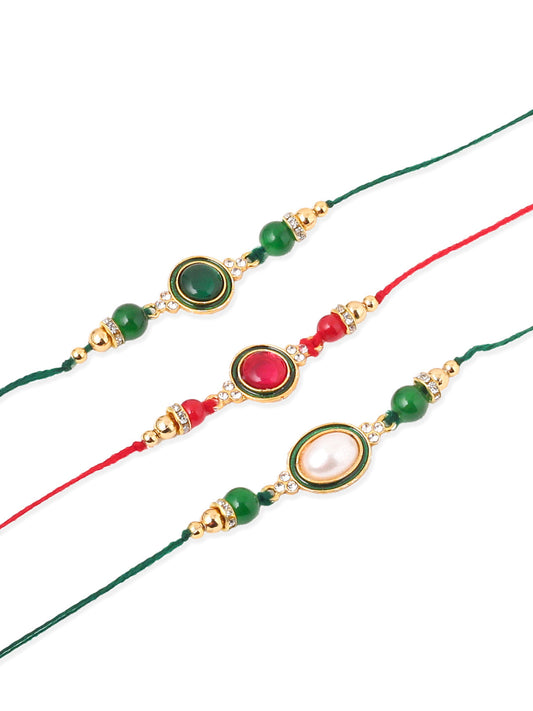 NVR Men Set of 3 Multicolor Artificial Beads & Pearls Thread Rakhi with Roli Chawal Chandan & Mishri | Grab2Buy