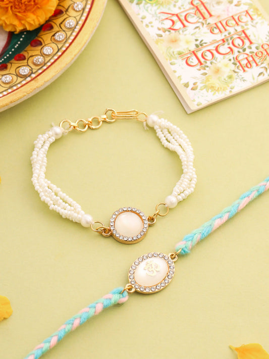 NVR Set of 2 White Pearls & Artificial Beads Bhaiya Bhabhi Rakhi with Roli Chawal Chandan & Mishri | Grab2Buy