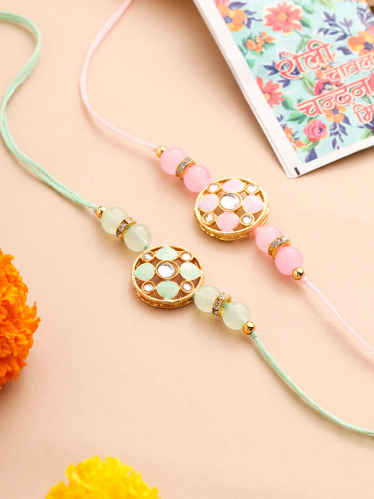 NVR Men Set of 2 Artificial Stones & Beads Floral Design Thread Rakhi with Roli Chawal Chandan & Mishri | Grab2Buy