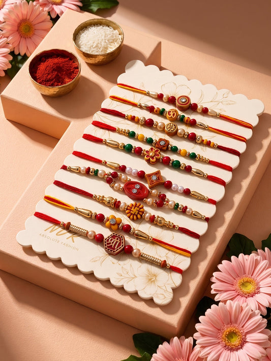 NVR Set of 10 Artificial Stones & Beads Thread Rakhi with Roli Chawal Chandan Mishri