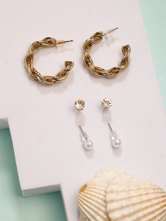 NVR Women's Set of 3 Gold-Polished Artificial Stones Half Hoop Earrings | Grab2Buy