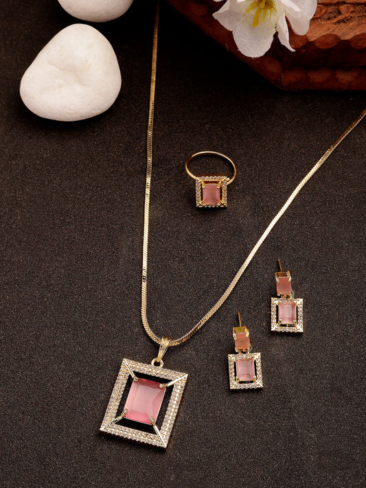 NVR Women Gold-Polished Pink American Diamond-Studded Pendant Set with Ring | Grab2Buy