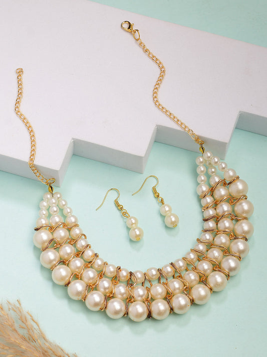 NVR Women's Gold-Polished White Pearl-Beaded Handcrafted Jewellery Set | Grab2Buy