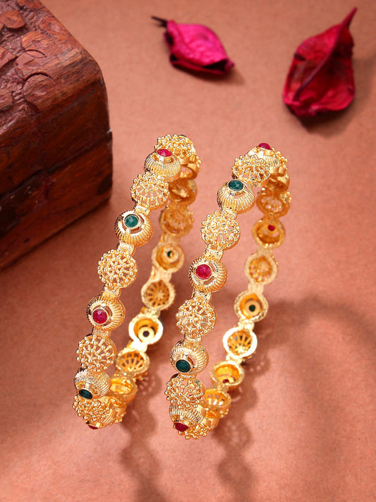 NVR Women's Set of 2 Gold-Polished Artificial Stones Traditional Bangles