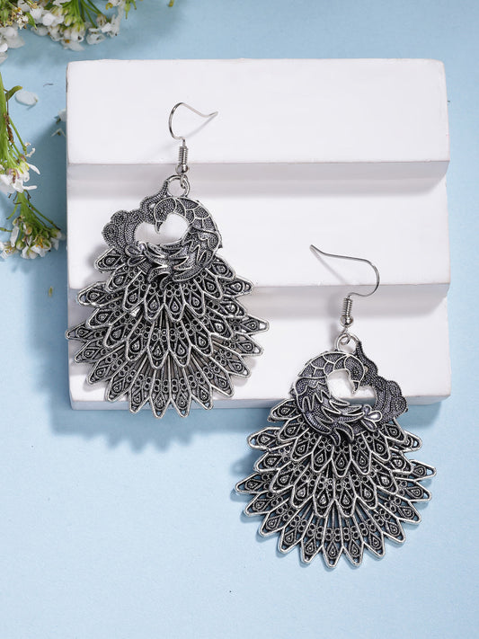 NVR Women's Silver Toned Oxidized Peacock Design Drop Earrings | Grab2Buy