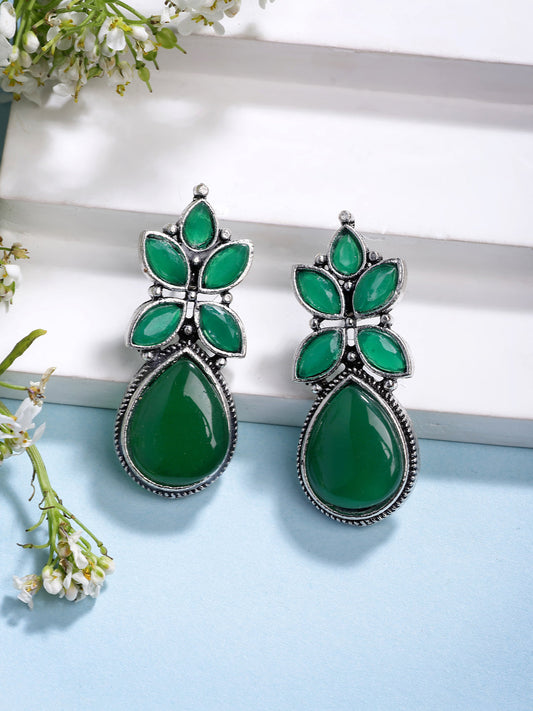 NVR Women Green Artificial Stones Silver Plated Drop Earrings NR Retail-NVR