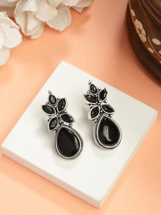 NVR Women Black Artificial Stones Silver Plated Drop Earrings NR Retail-NVR
