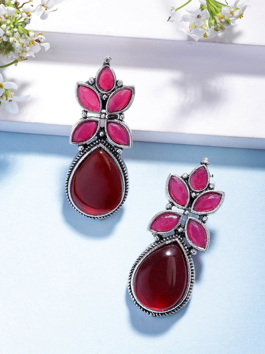 NVR Women Red Artificial Stones Silver Plated Drop Earrings NR Retail-NVR