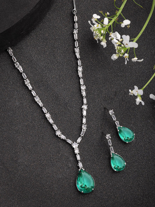 NVR Women's Silver-Plated Green American Diamond-Studded Handcrafted Jewellery Set | Grab2Buy