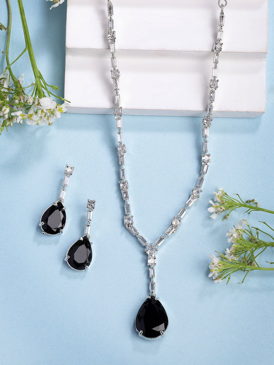 NVR Women's Silver-Plated Black American Diamond-Studded Handcrafted Jewellery Set | Grab2Buy