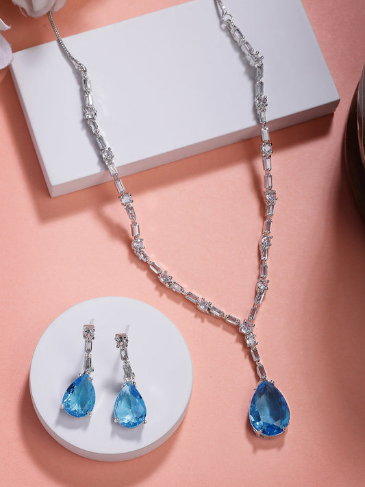 NVR Women's Silver-Plated Blue American Diamond-Studded Handcrafted Jewellery Set