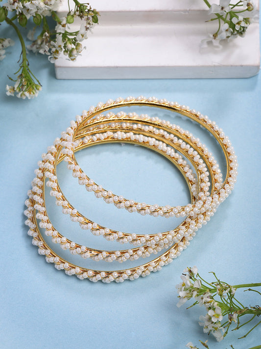 NVR Women Set of 4 Gold-Polished Pearls Handcrafted Traditional Bangles | Grab2Buy
